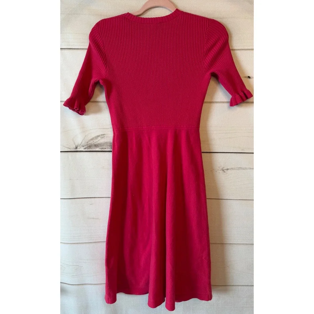 Kate Spade Pink Ribbed V-Neck Fit and Flare Ruffle Sleeve Sweater Dress XS